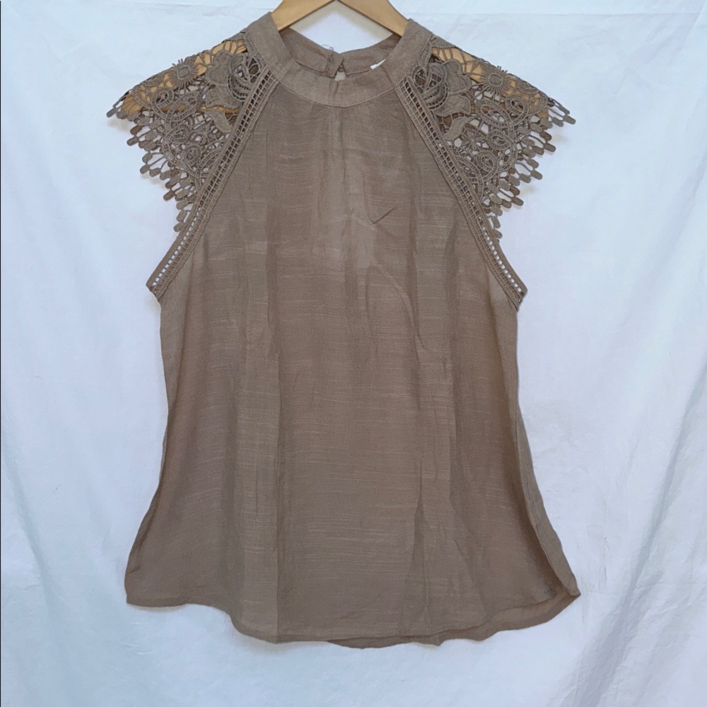 E & M Sleeveless Top in Taupe with Lace Details